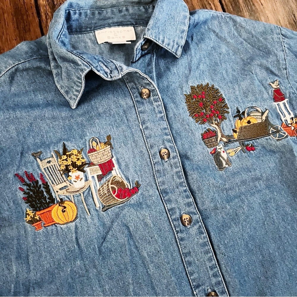 Vintage Boho Denim Button Down Shirt Fall Harvest Embroidered Cat Pumpkin Medium